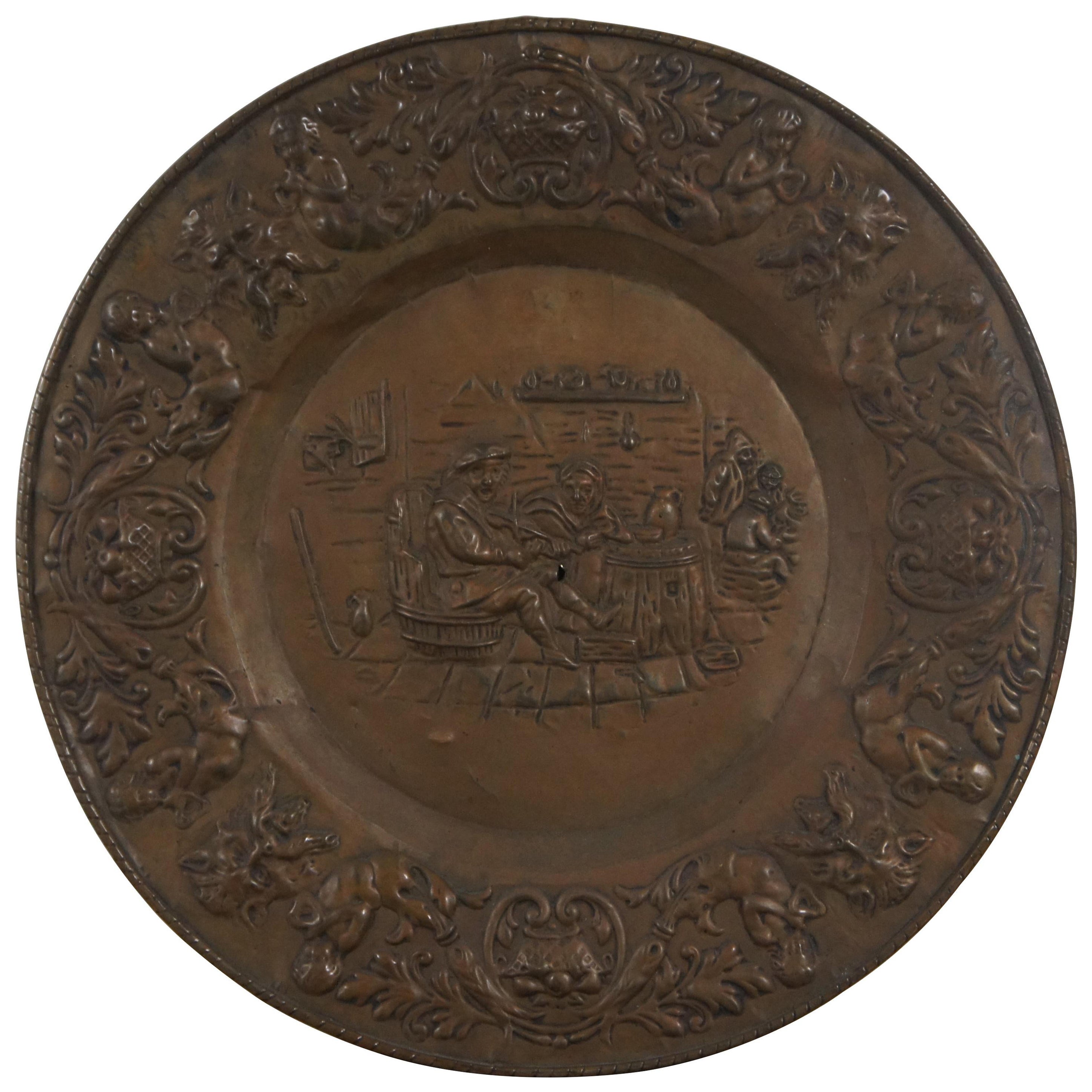 Antique Copper Embossed Tavern Scene Repousse Wall Plaque Charger Platter 24" For Sale