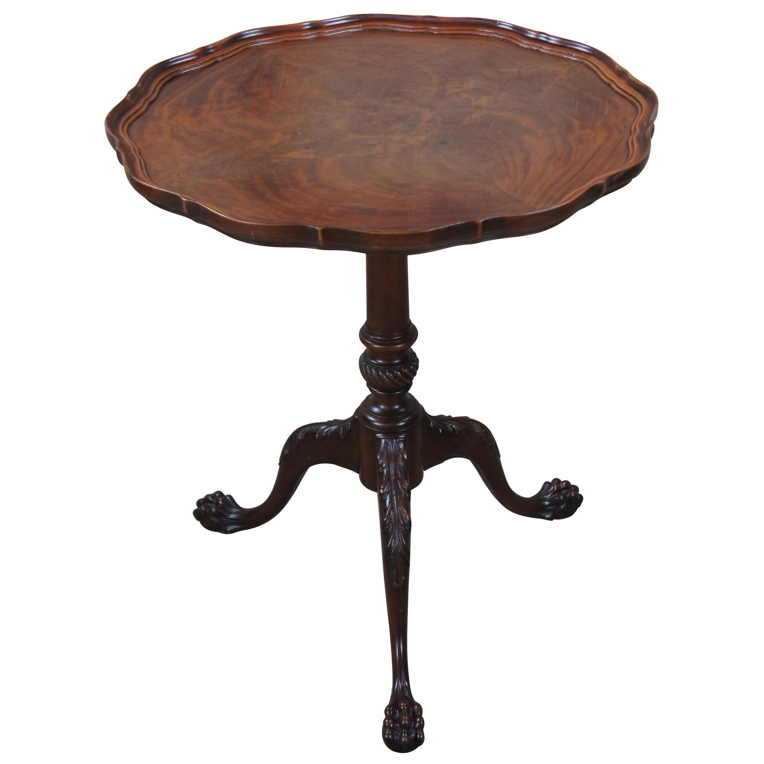 Antique Chippendale Flame Mahogany Pie Crust Ball & Claw Pedestal Tea Table  For Sale