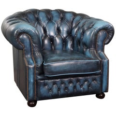 Sturdy jeans blue English cowhide leather Chesterfield armchair