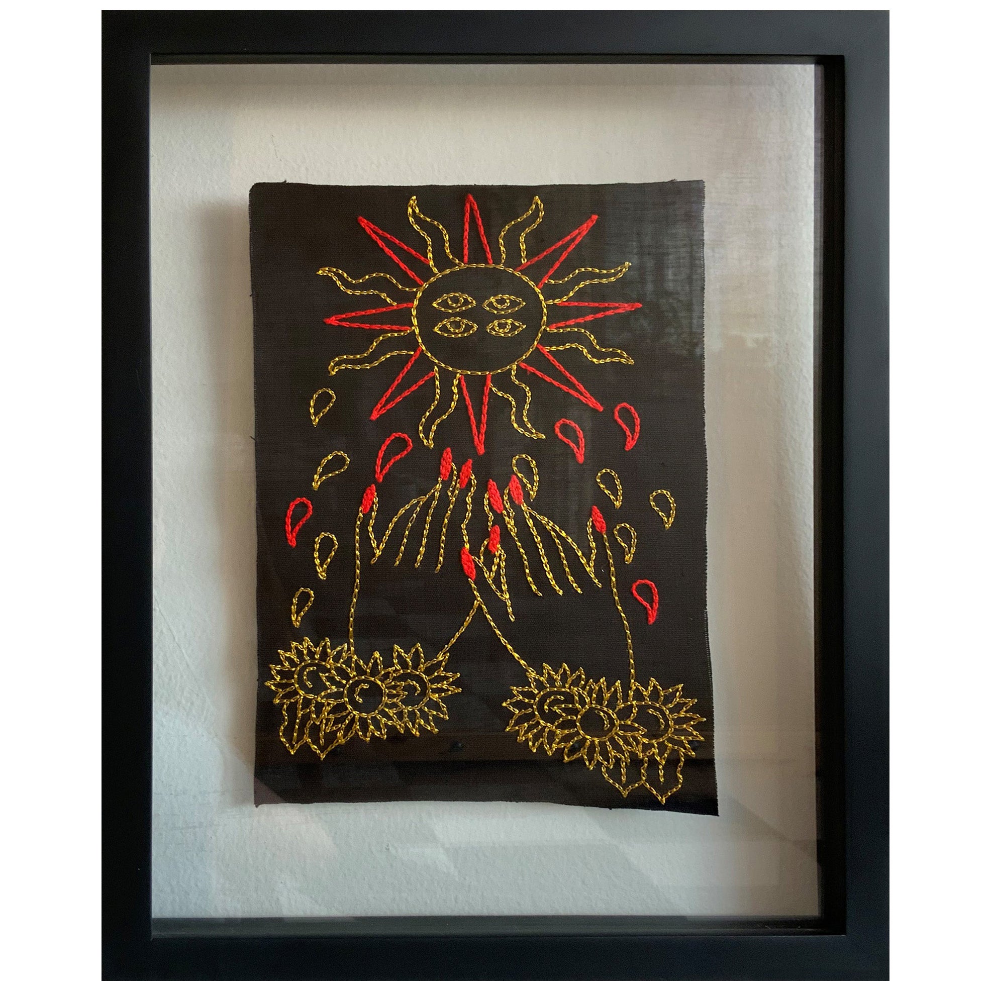 El Sol. From The Ventura Series.  Embroidery thread on canvas. Framed For Sale