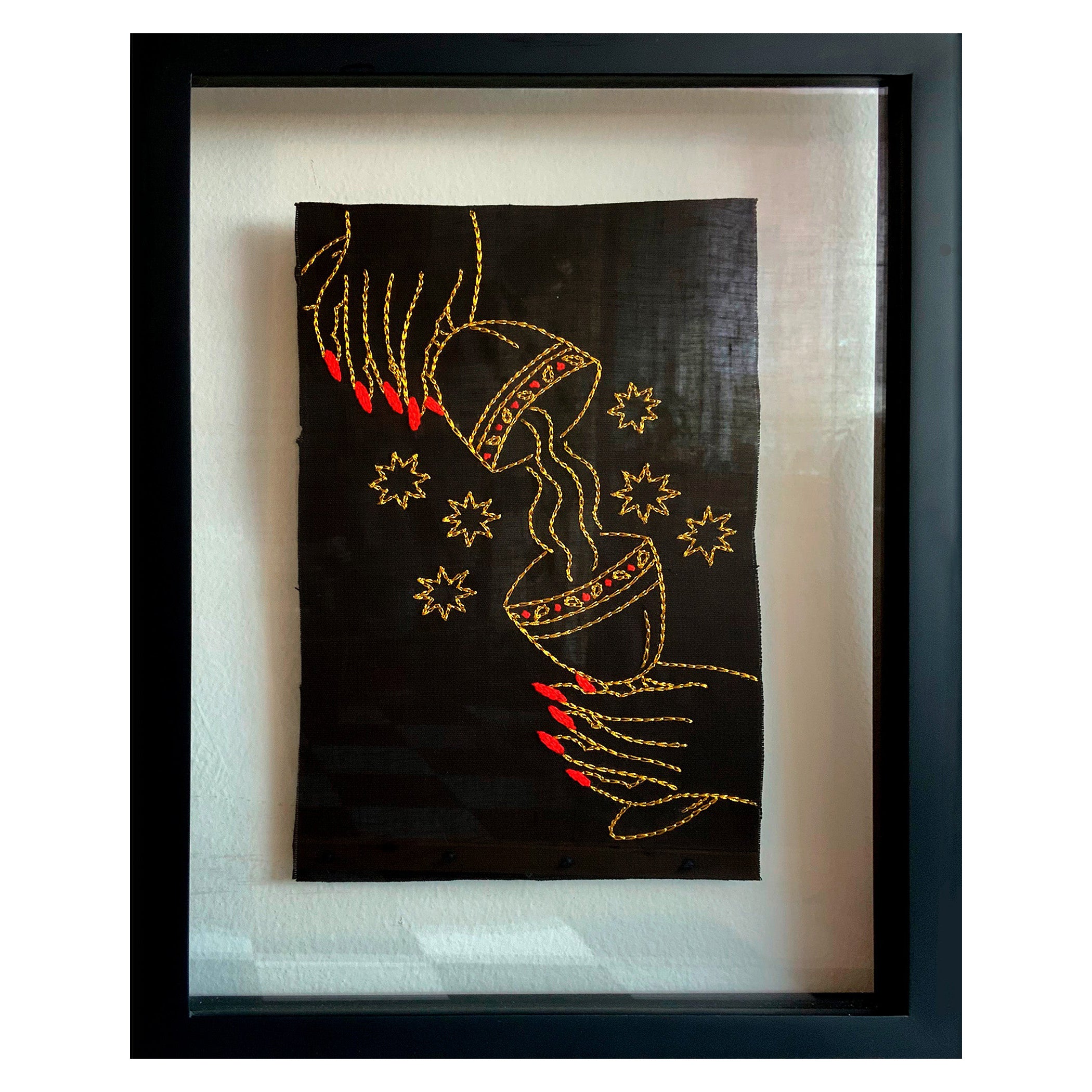 La Templanza. From The Ventura Series.  Embroidery thread on canvas. Framed