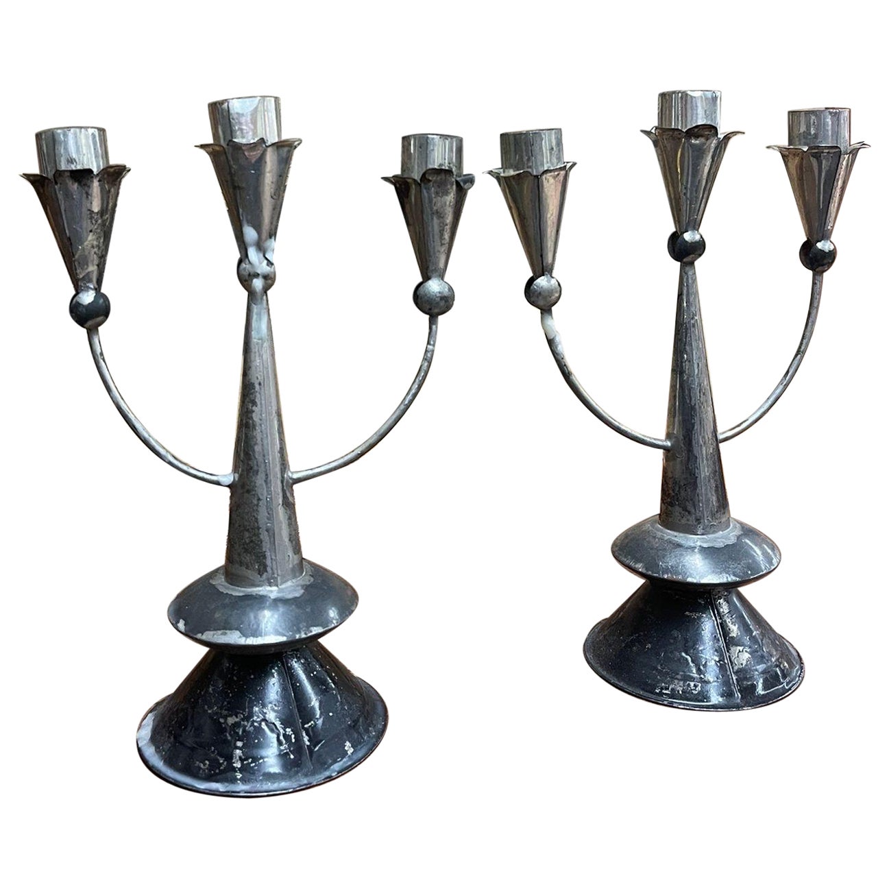 Vintage Pair of Silver Toned Primitive Style Candelabras. For Sale