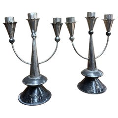 Vintage Pair of Silver Toned Primitive Style Candelabras.