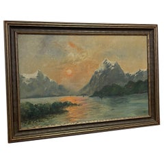 Peinture originale vintage encadrée Coucher de soleil sur un lac Possiblement. Circa 1930s.