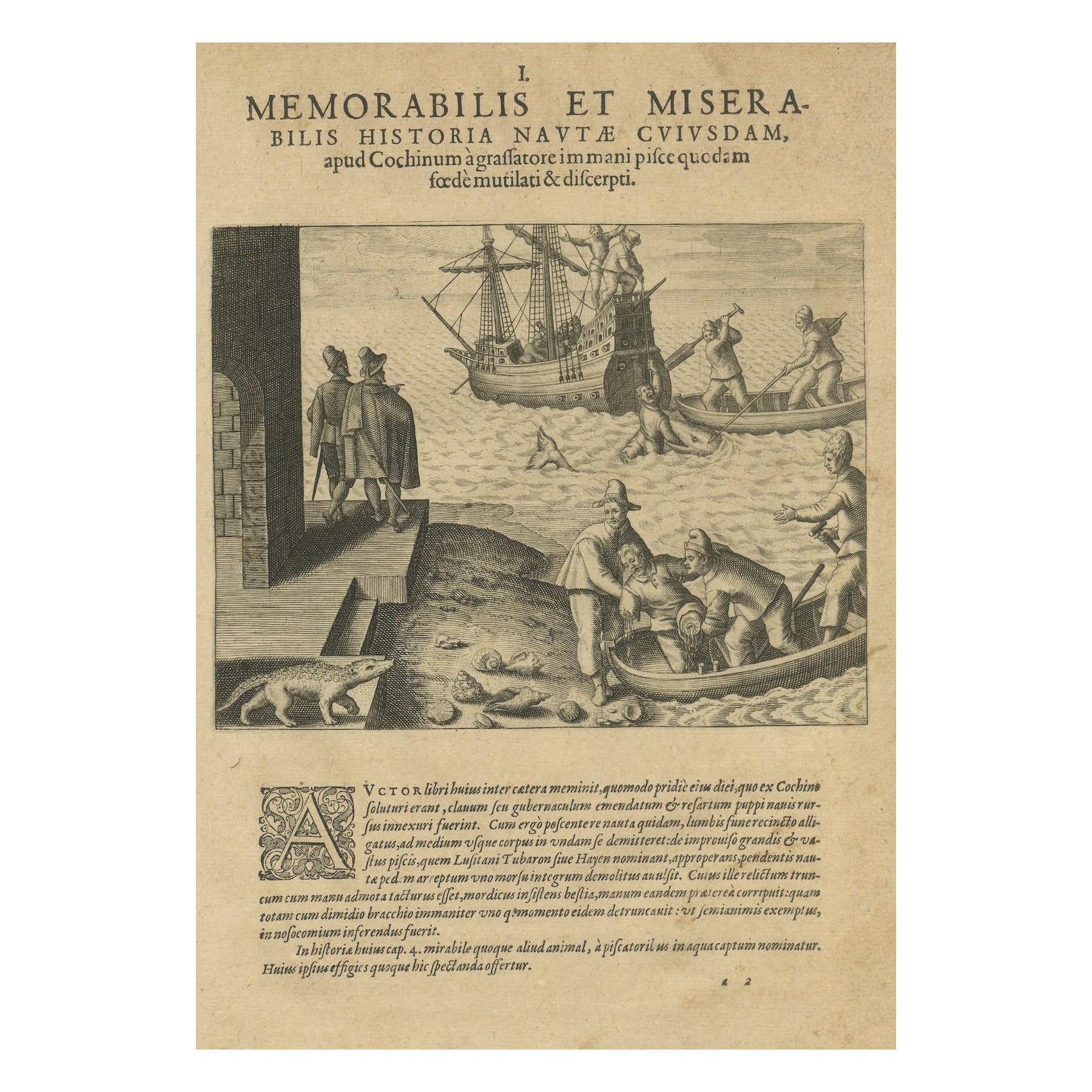 Gravure d'une bataille nautique des Hollandais aux Éychelles avec des grues géantes, 1601 en vente