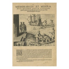 Gravure d'une bataille nautique des Hollandais aux Éychelles avec des grues géantes, 1601