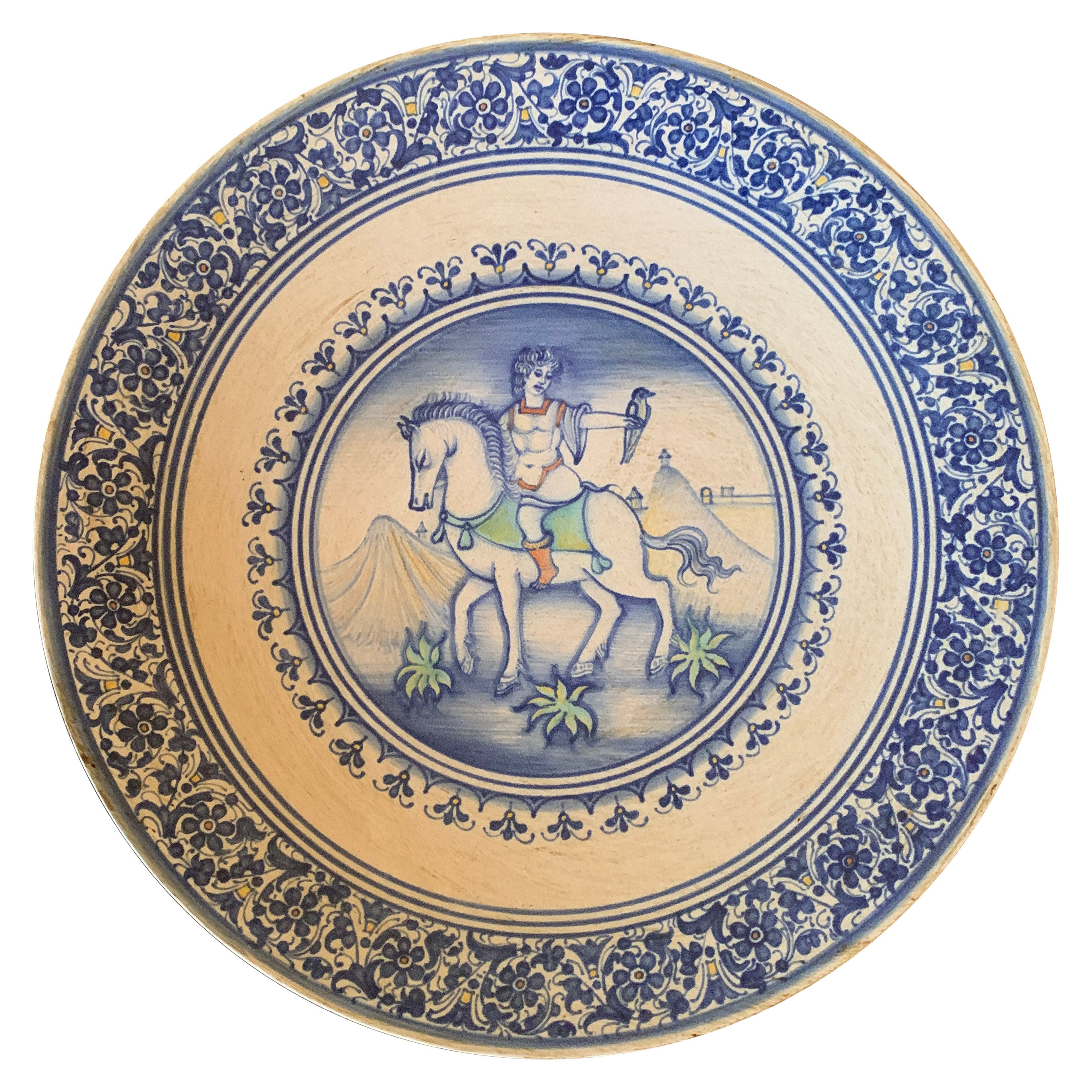 Italian Provincial Deruta Hand Painted Faience Allegorical Pottery Wall Plate For Sale