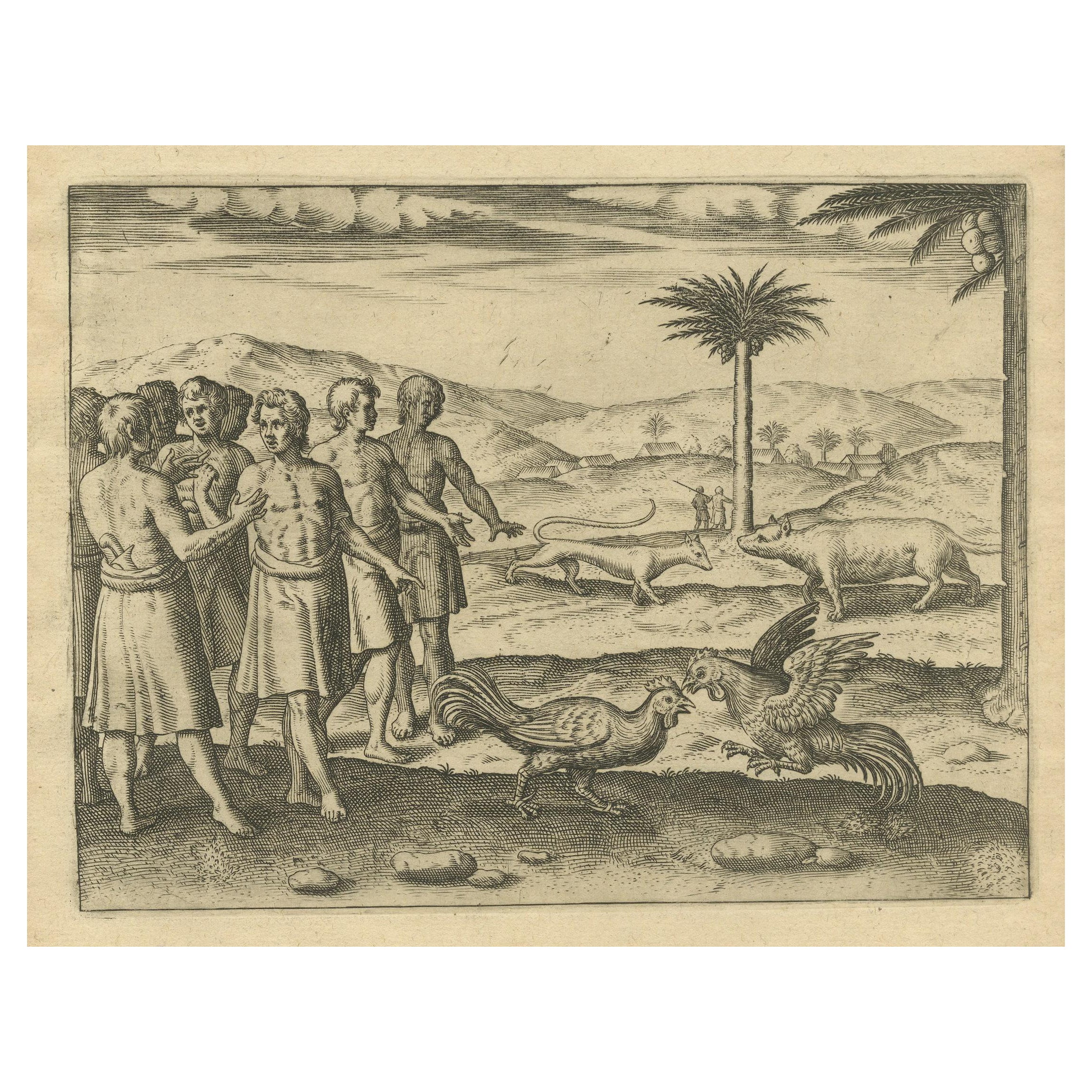 The Cockfight of Java: A 1601 de Bry Engraving of Cultural Pastimes For Sale