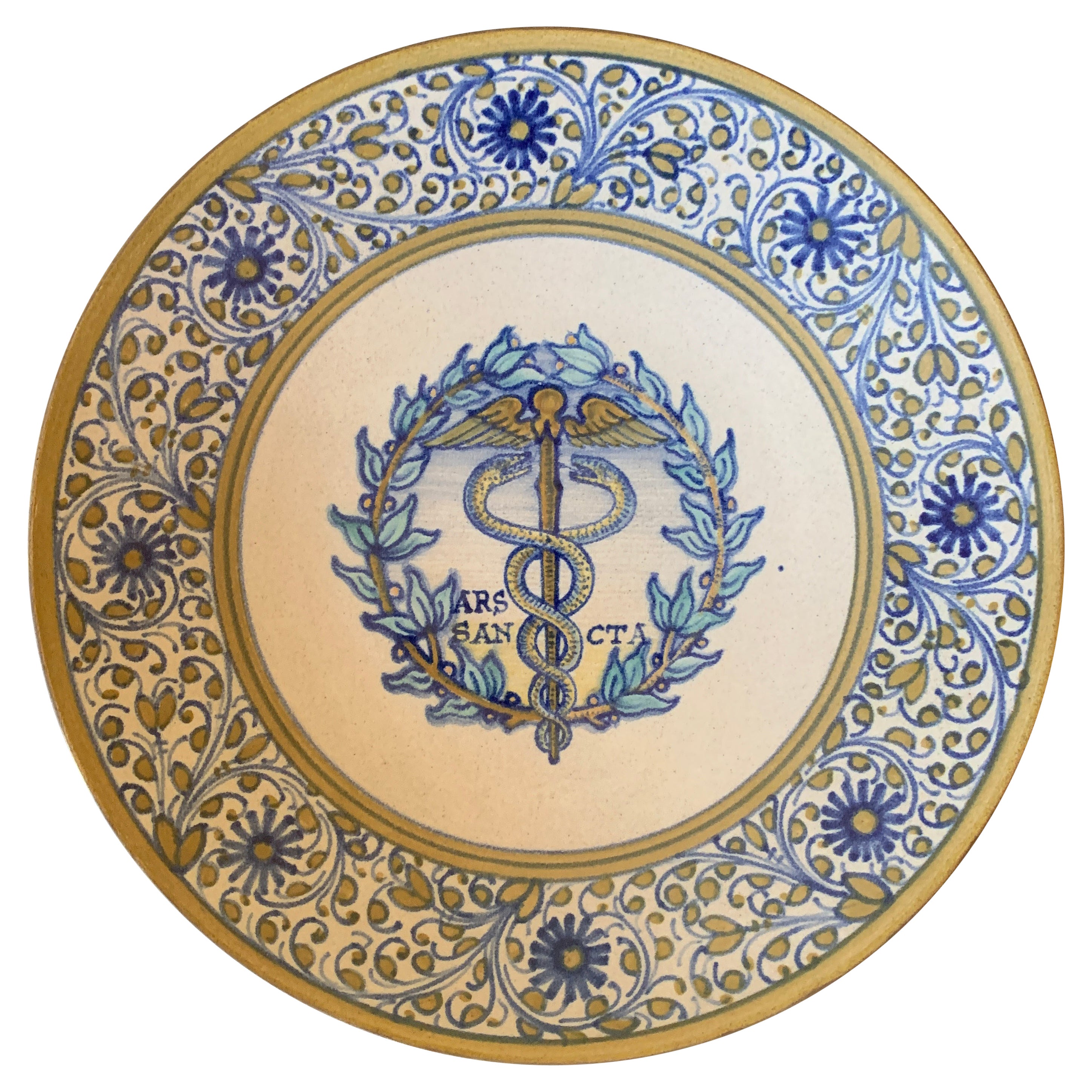 Italian Provincial Deruta Hand Painted Faience Caduceus Pottery Wall Plate For Sale