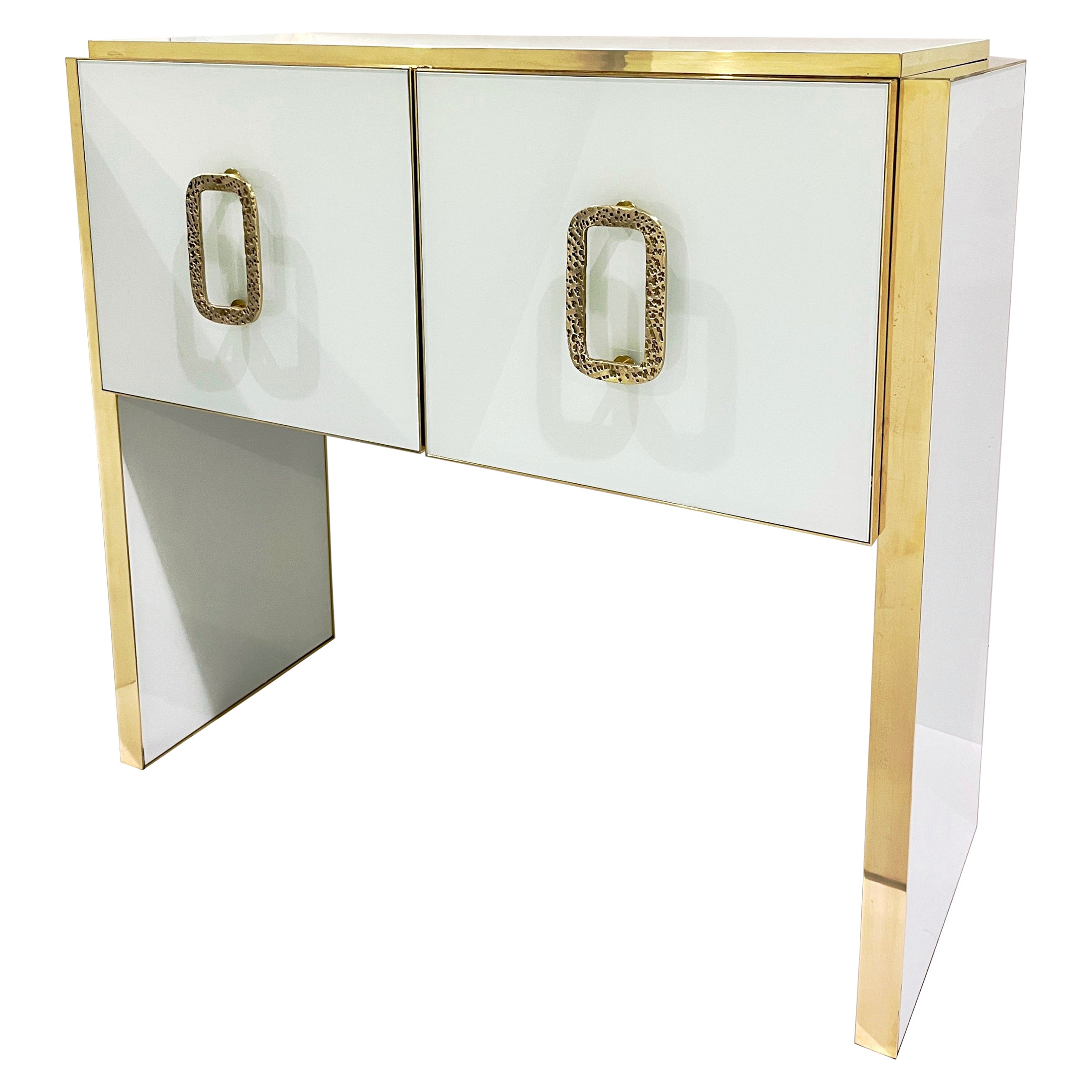 Modern Italian Custom Design Brass Edged Ivory White 2 Door Cabinet/Bar For Sale