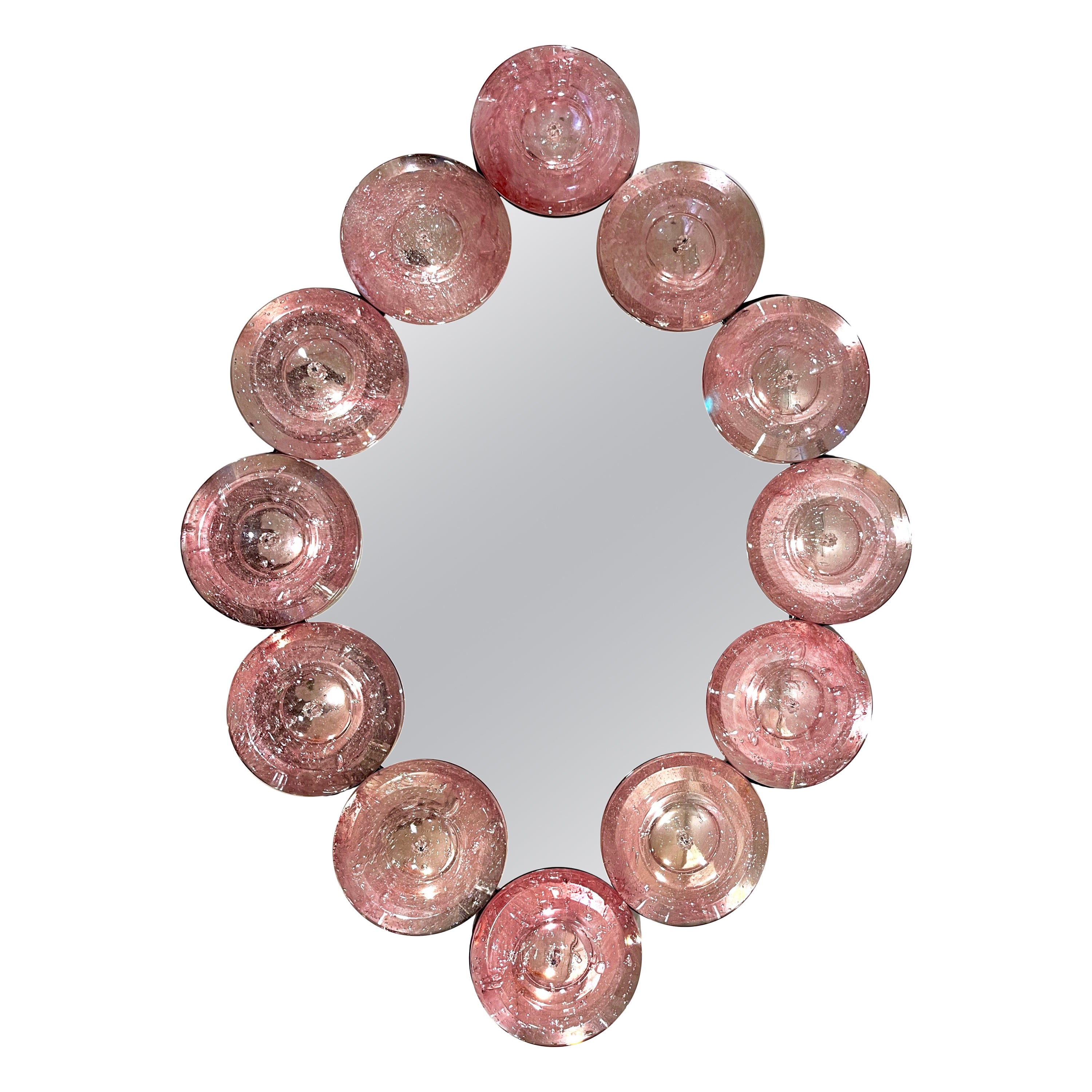 Contemporary Italian Custom Blush Pink Murano Glass Disc Modern Oval Mirror (Miroir ovale contemporain en verre de Murano) en vente