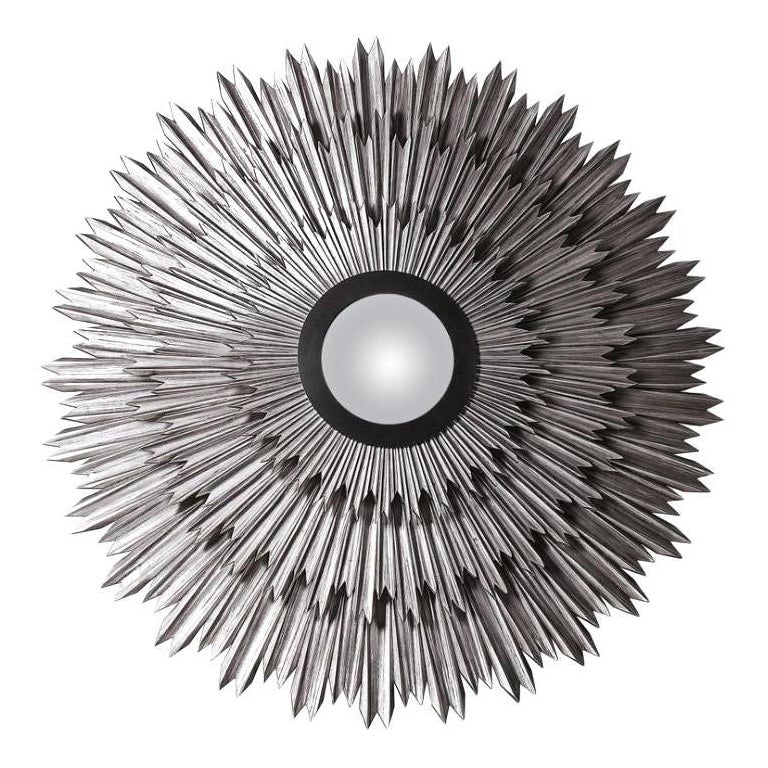 Helios, Mirror in Sand-Blasted Solid Soft Wood with Hand Patinated Silver Leaf For Sale