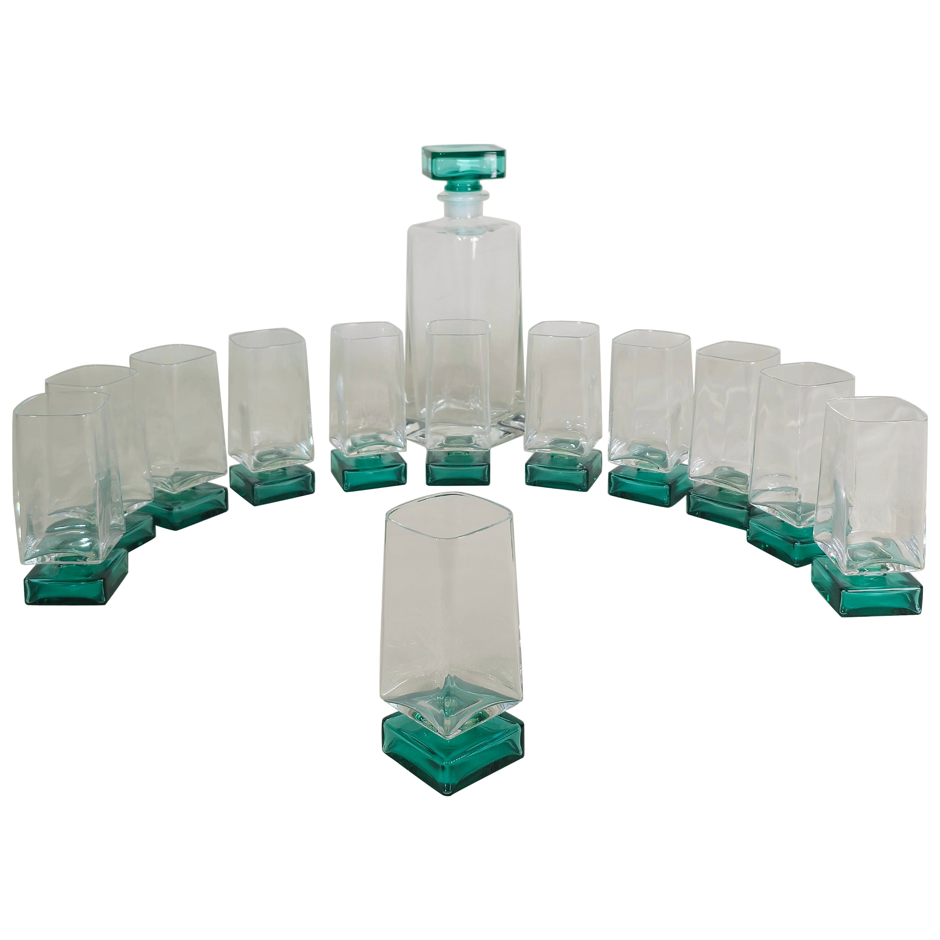 Crystal Serveware Glasses Bottle Transparent Green Modern Italy 1990s Set of 13 For Sale