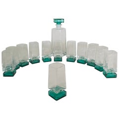 Crystal Serveware Glasses Bottle Transparent Green Modern Italy 1990s Set of 13