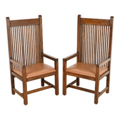 Frank Lloyd Wright Style Arts & Crafts Oak and Leather High Back Armchairs, Pair