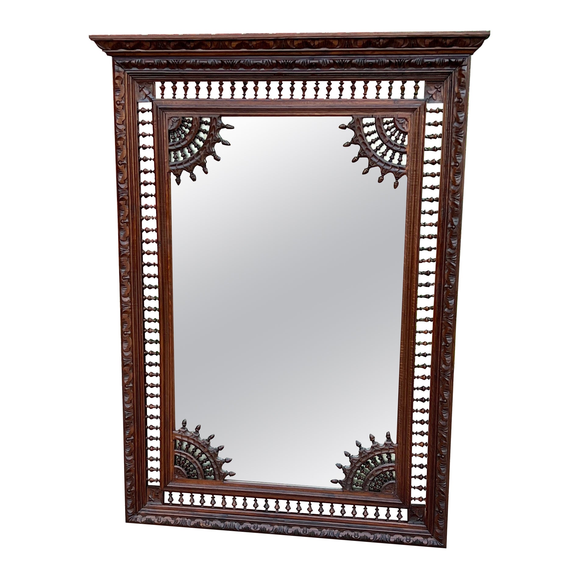 Antique French Breton Mirror Over Mantel Mirror Rectangular Oak Large 19th C For Sale