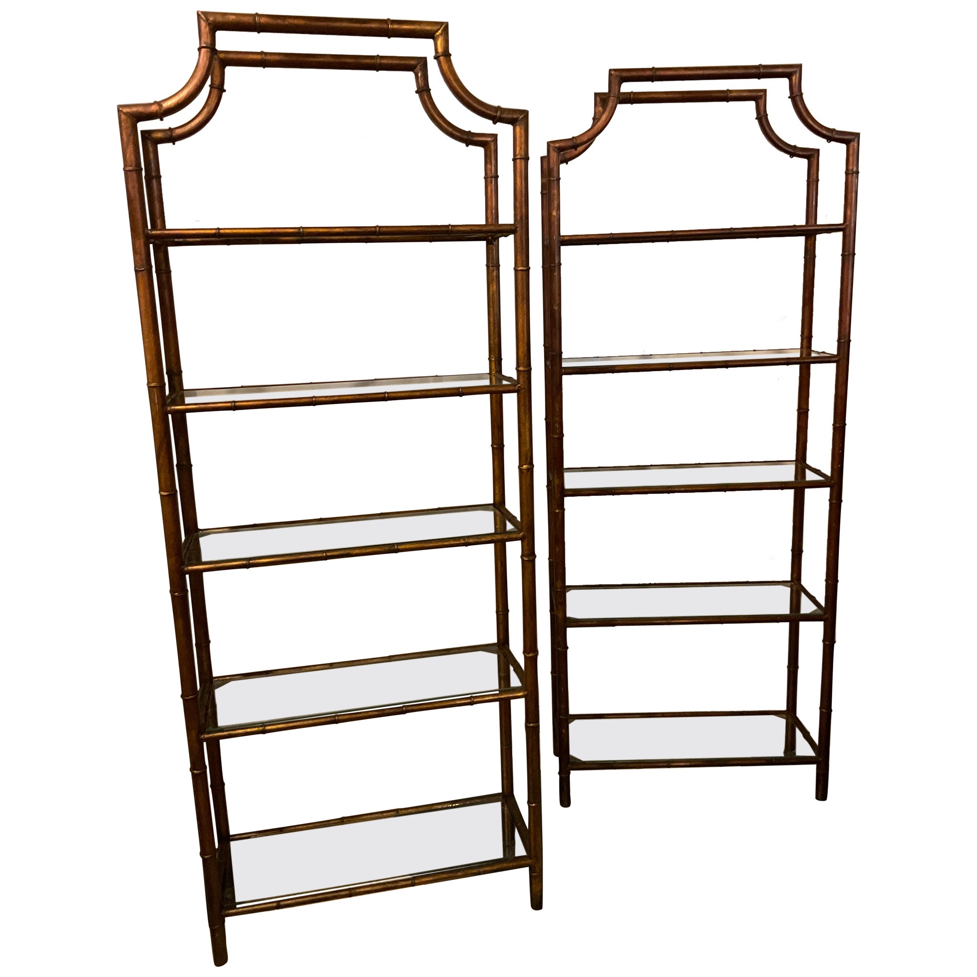 Pair Of 1970s Metal Faux Bamboo Etageres For Sale