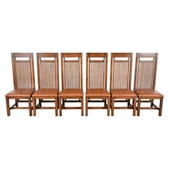 Frank Lloyd Wright Arts & Crafts Oak and Leather High Back Dining Chairs