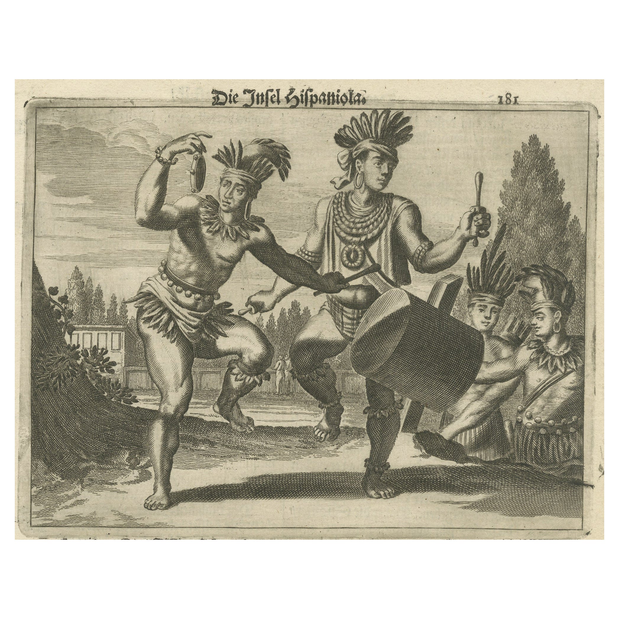 Gravure en cuivre de Hispaniola - vie indigène en Amérique par Montanus, 1673 en vente