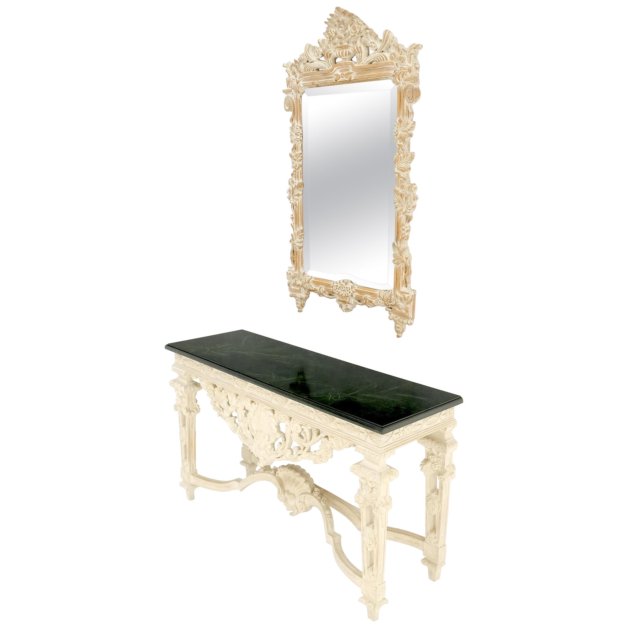 Maitland Smith Carved White Wash Finish Wall Mirror Matching Console Table MINT! For Sale