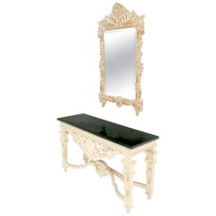 Antique Maitland Smith Carved White Wash Finish Wall Mirror Matching Console Table MINT!