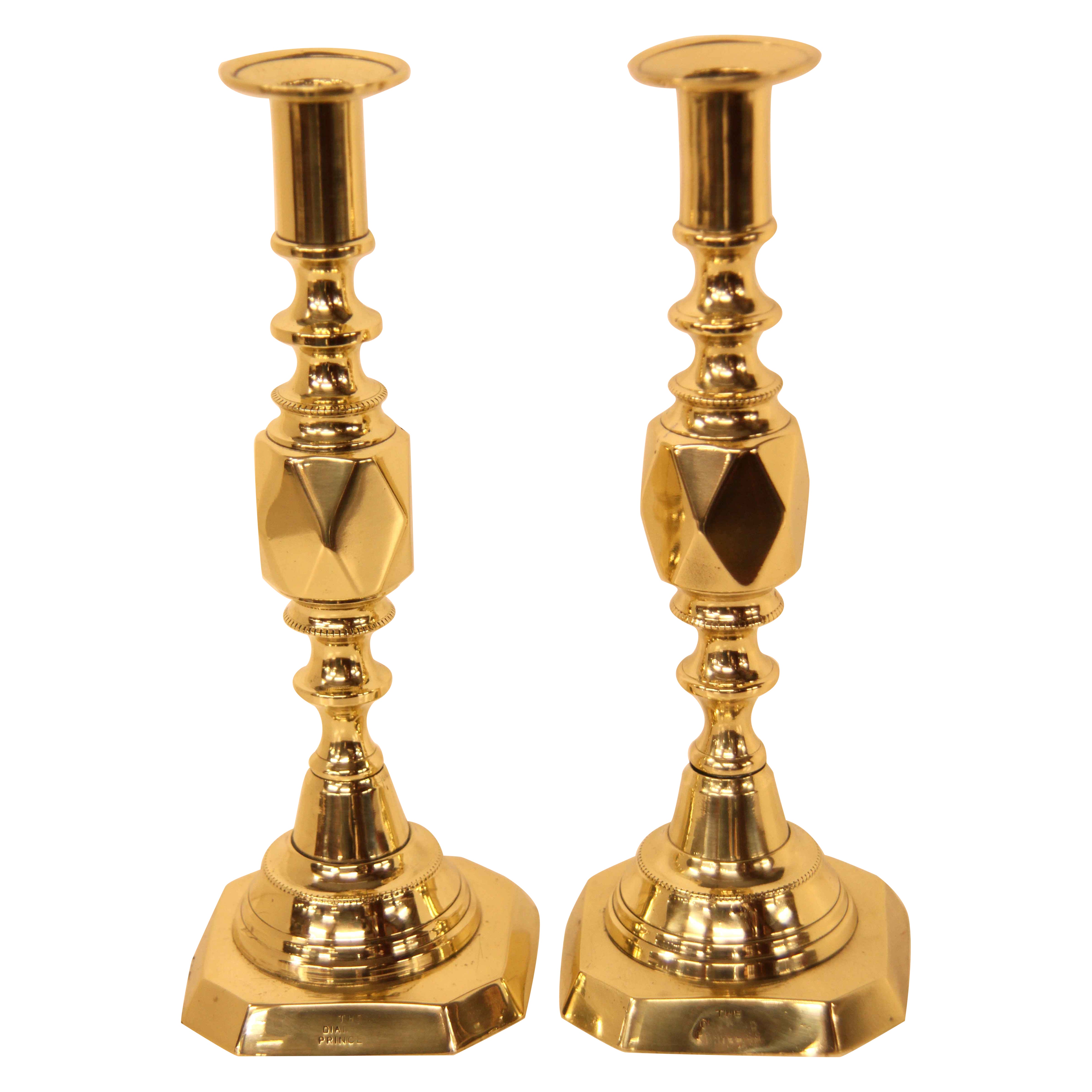 Pair of Antique English King of Diamonds Brass Candlesticks For