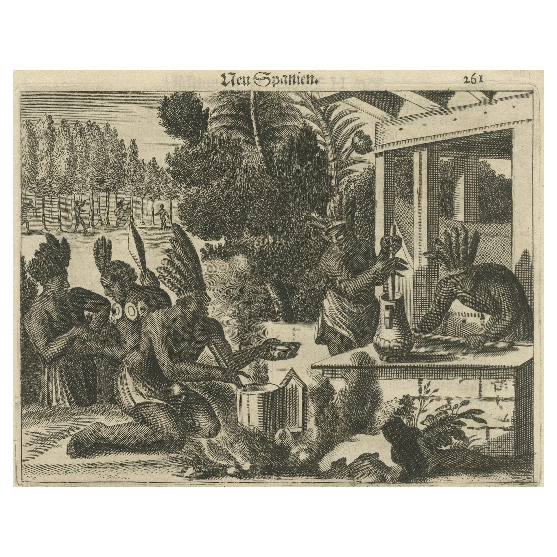 Gravure sur cuivre de la vie quotidienne en Nouvelle-Espagne au 17e siècle, 1673