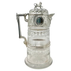 Antique English Silver Plate Mounted Cut Crystal Beer or Lemonade Jug Circa 1870