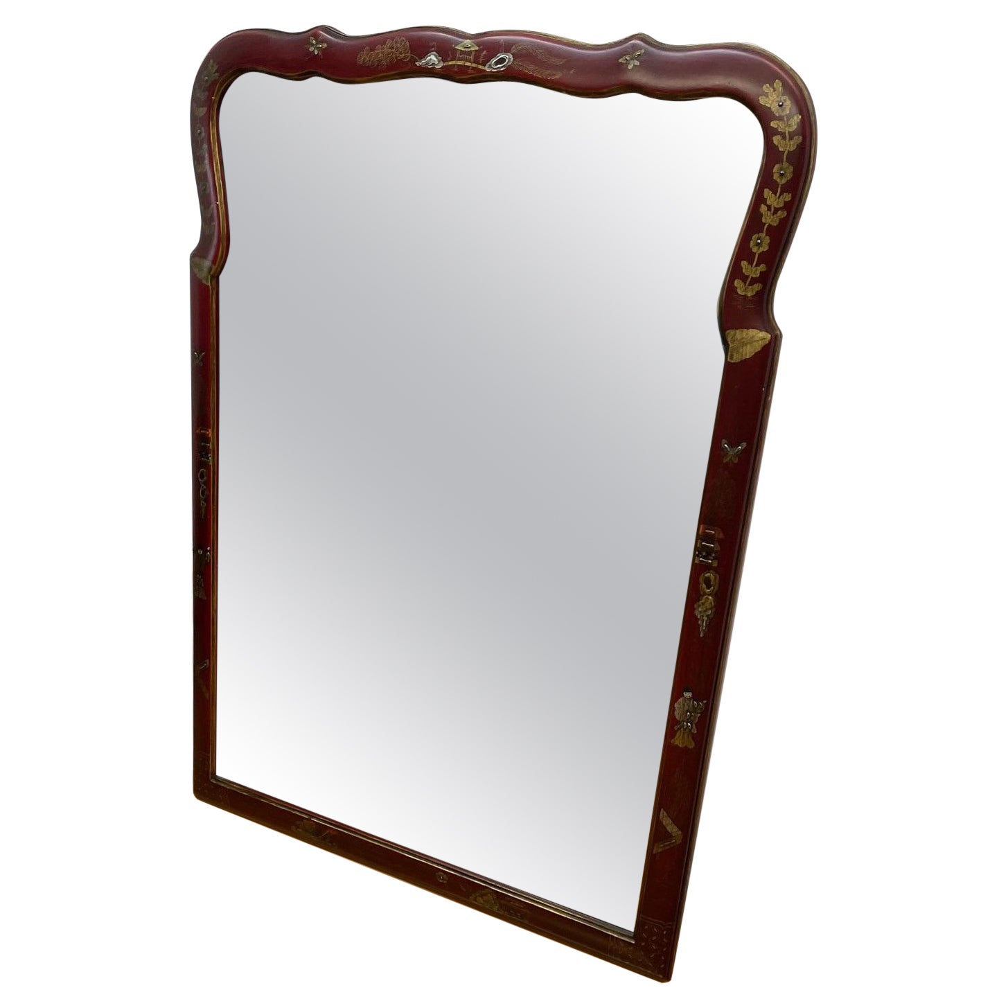 Queen and styled beveled mirror red lacquered in the pagoda style For Sale