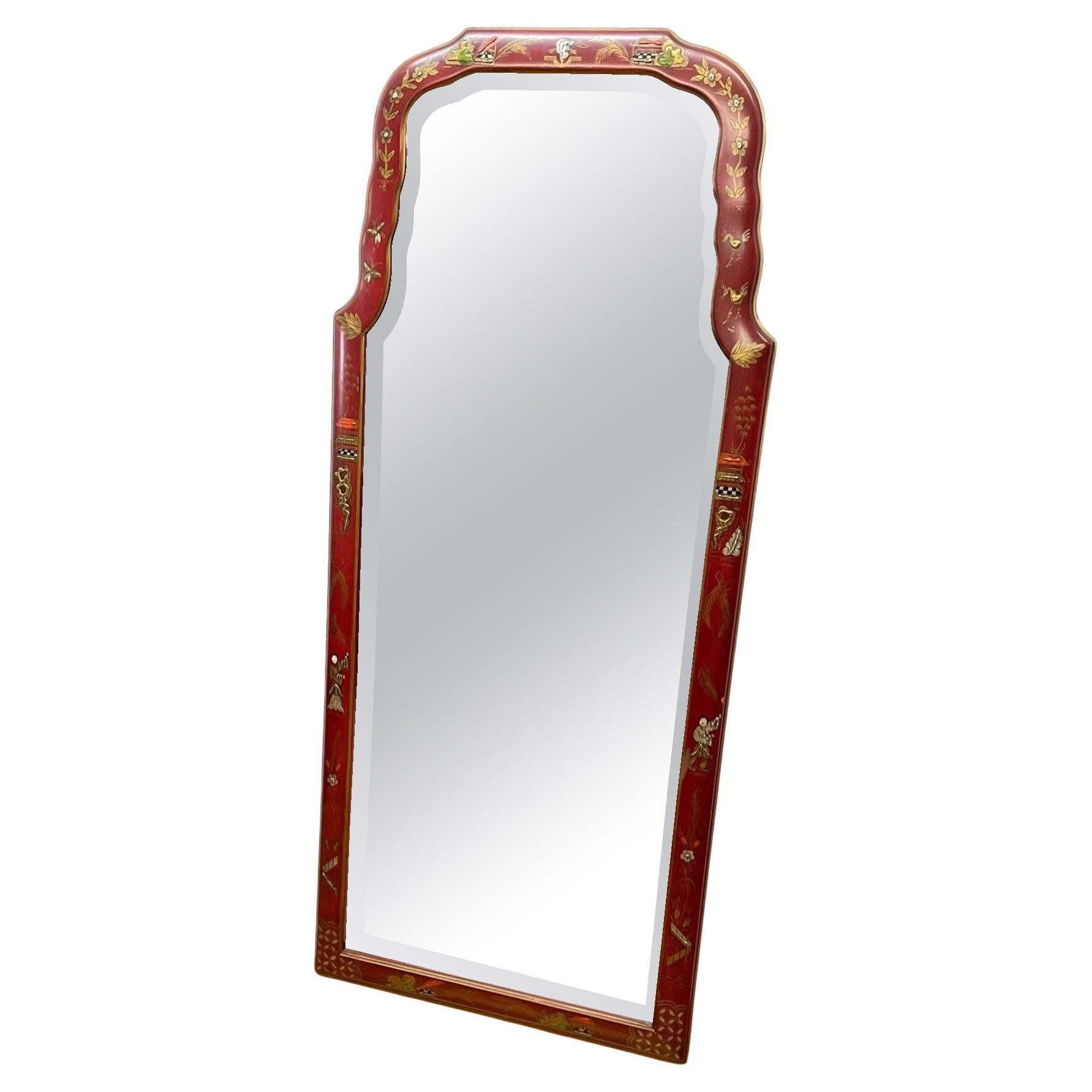 Queen Anne Stil Rot lackierter Spiegel  im Angebot