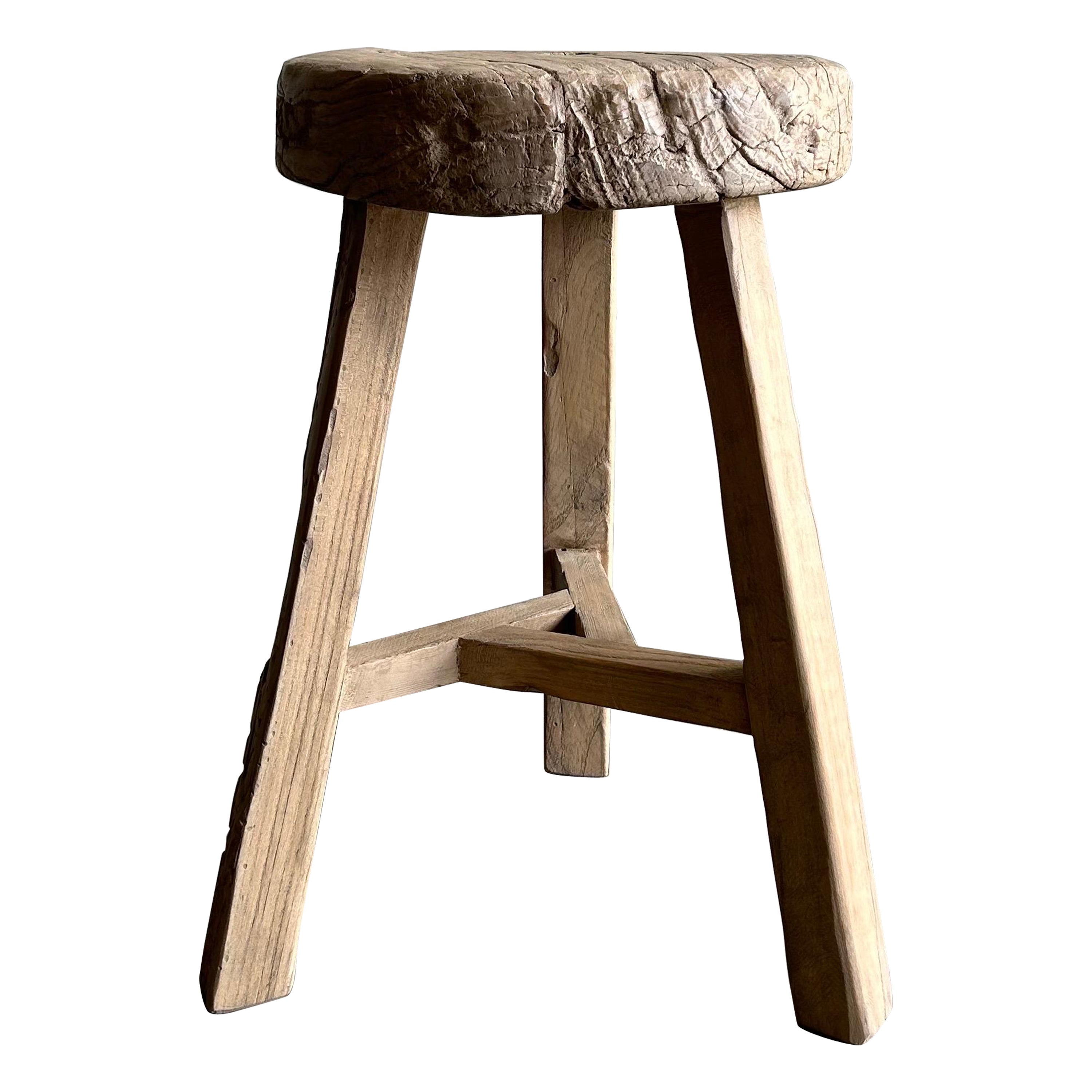 Vintage Elm Wood Wheel Stool or Side Table