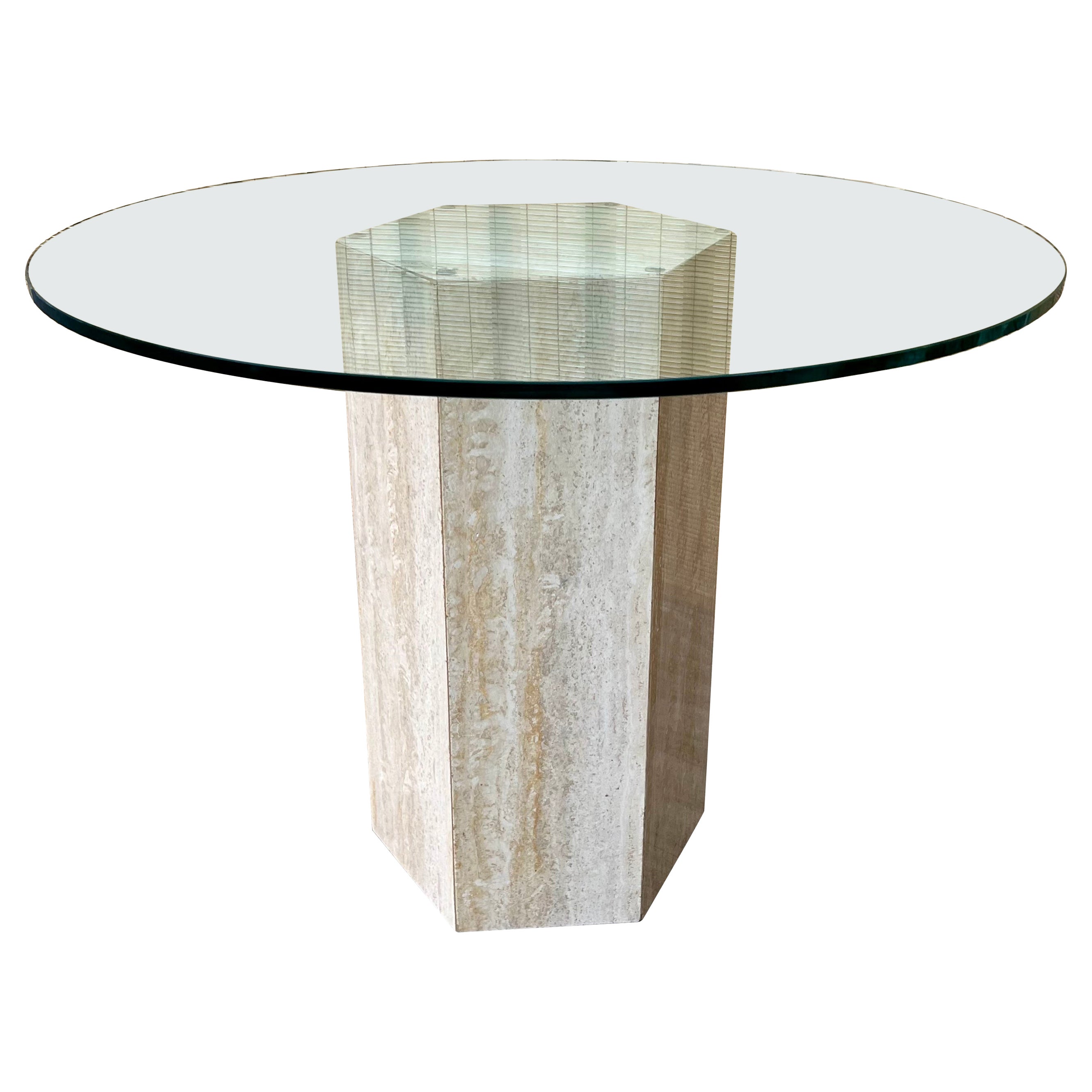 Postmodern Travertine Pedestal Base Glass-Top Center/ Diner Table. Circa 1970s 