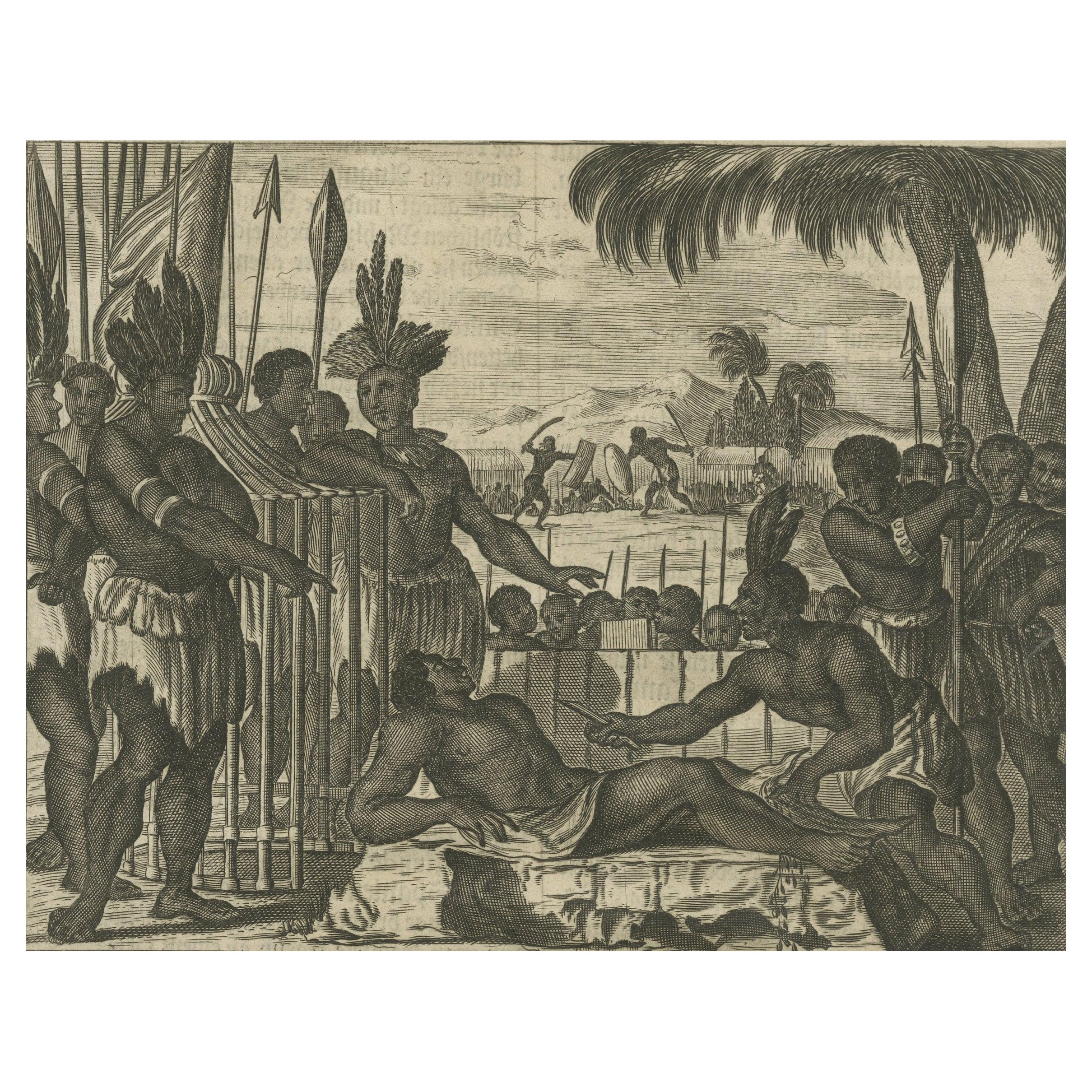 Copper Engraving of Ceremonial Life in New Spain by Montanus, 1673