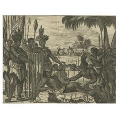 Antique Copper Engraving of Ceremonial Life in New Spain by Montanus, 1673