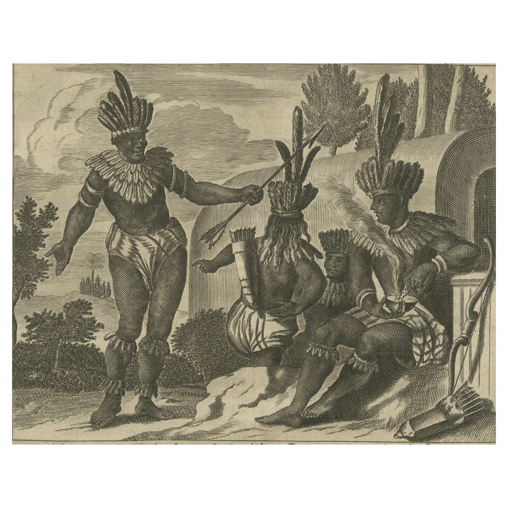 Engraving of a Ceremonial Gathering in New Spain in New Spain by Montanus, 1673 For Sale