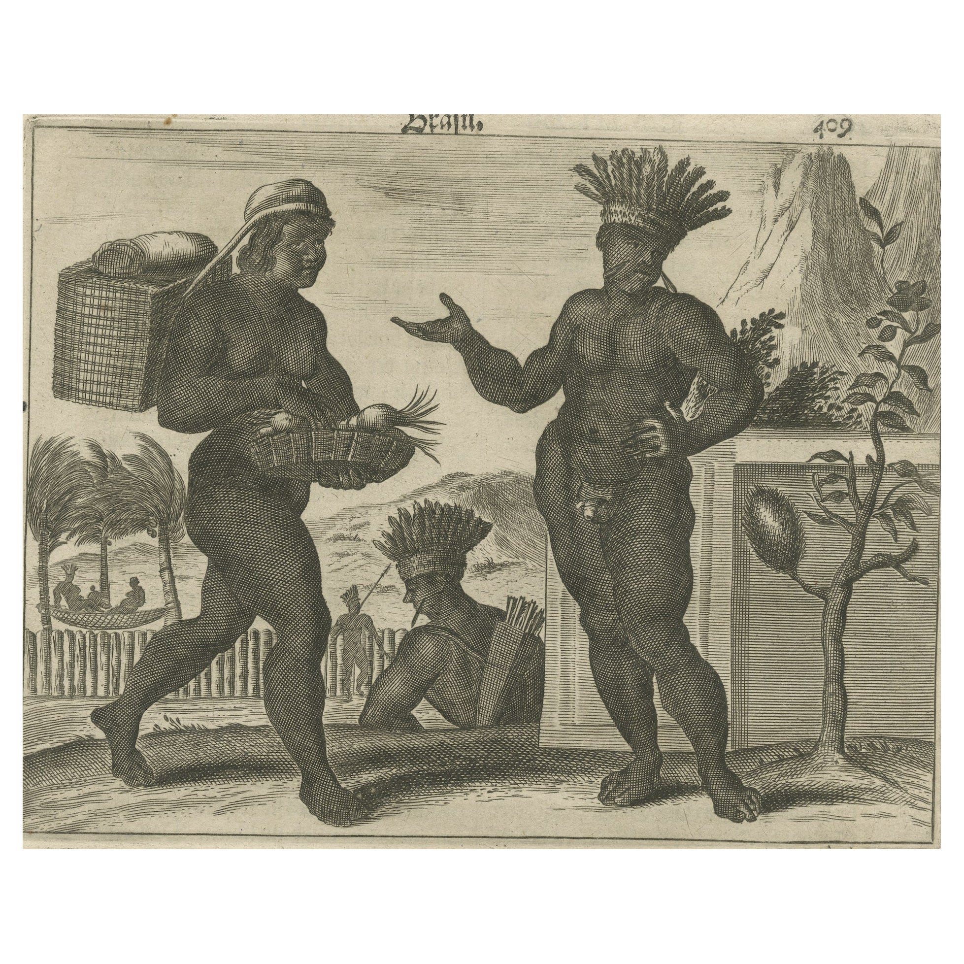 Daily Life in Brazil in the early 17th Century on a Copper Engraving by Montanus For Sale