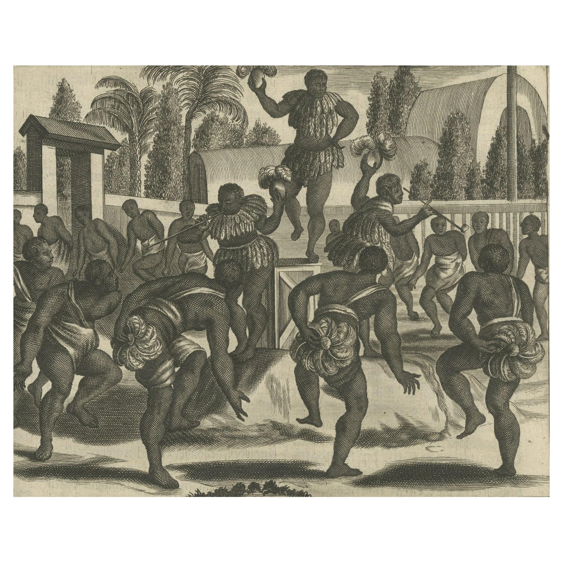 Danse rituelle au Brésil au XVIIe siècle sur une gravure sur cuivre de Montanus en vente