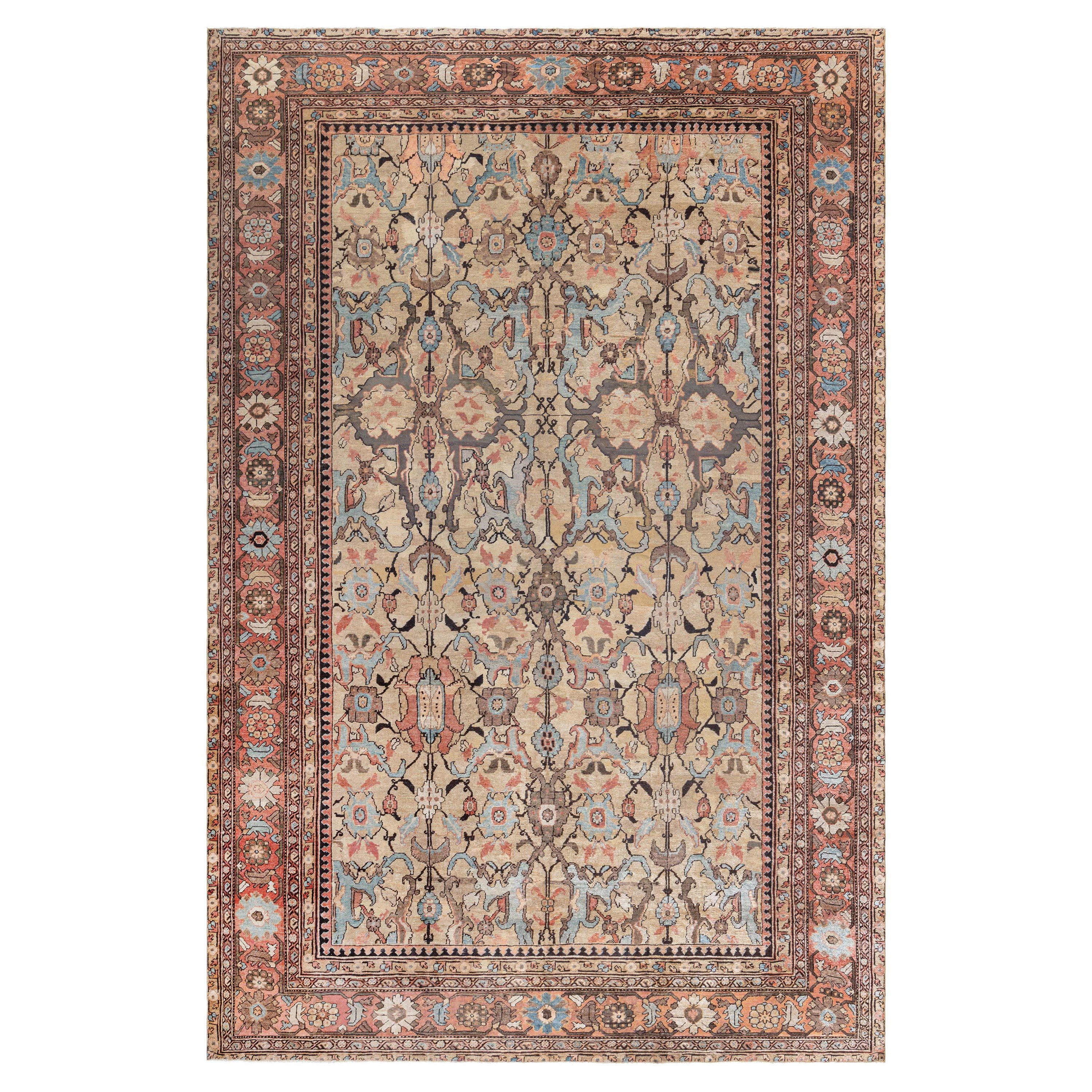 Antique Persian Sultanabad Green Handmade Wool Rug For Sale