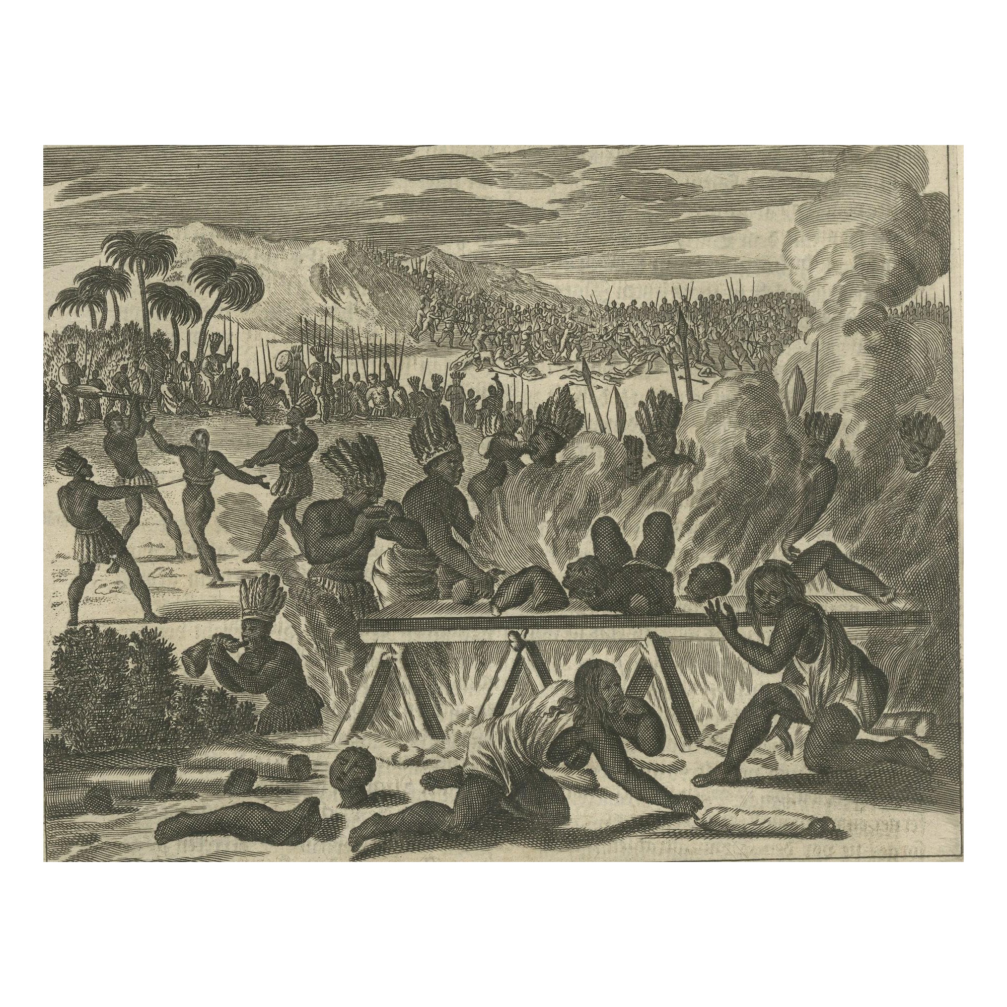 Le cannibalisme dans le nouveau monde sur une gravure en cuivre de Montanus, 1673 en vente