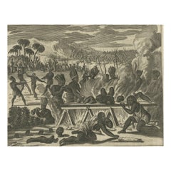 Antique Cannibalism in The New World on a Copper Engraving by Montanus, 1673