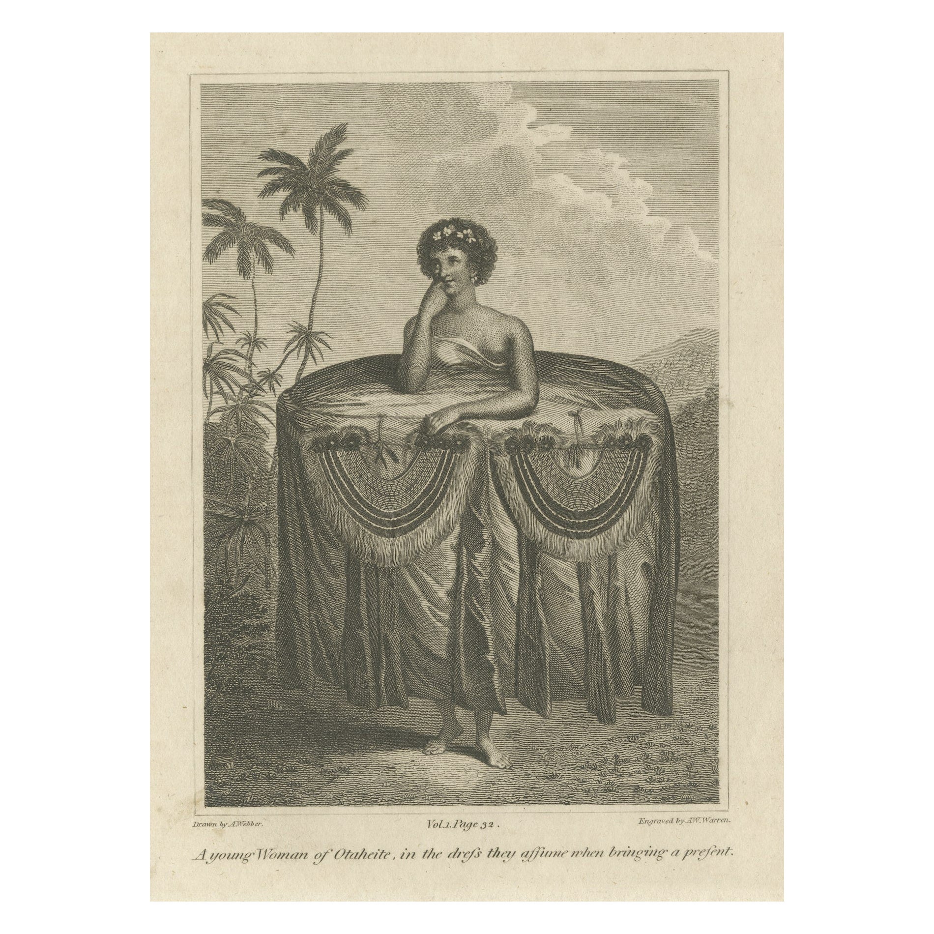 Ceremonial Grace: The Gift-Bearing Attire of a Tahitian Woman in 1799 For Sale