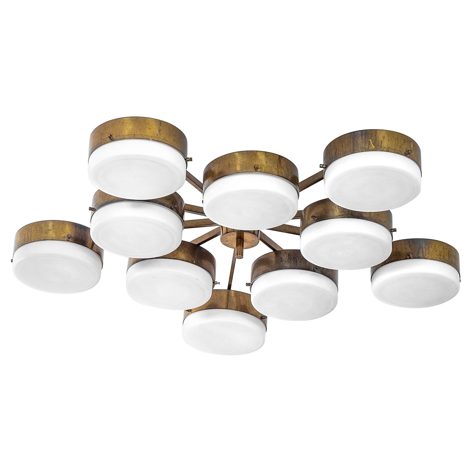 20th Century Gio Ponti Chandelier structure in Brass and 10 diffusers in Glass For Sale