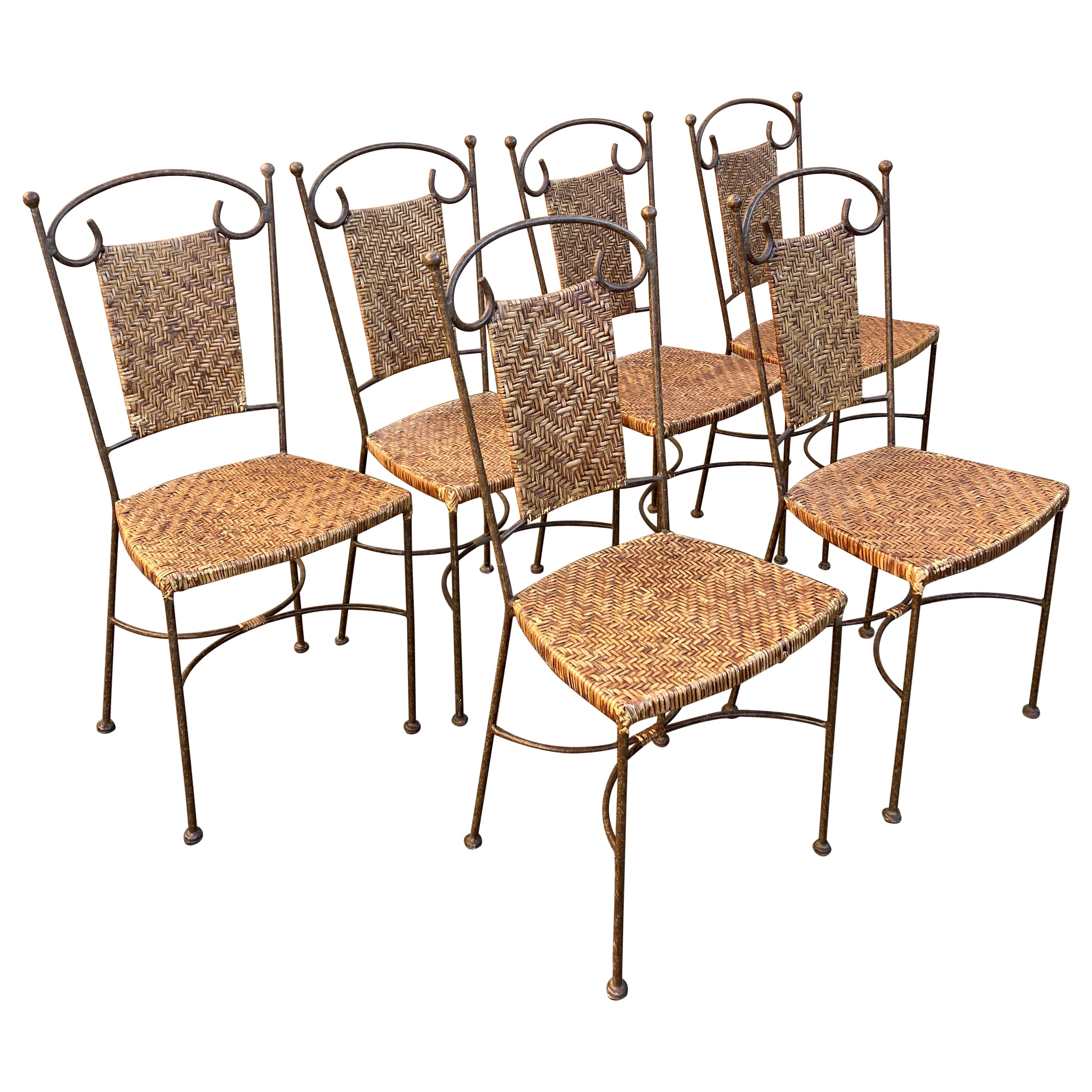 Vintage wrought Iron Dining Chairs with Wicker Seating x 6 For Sale