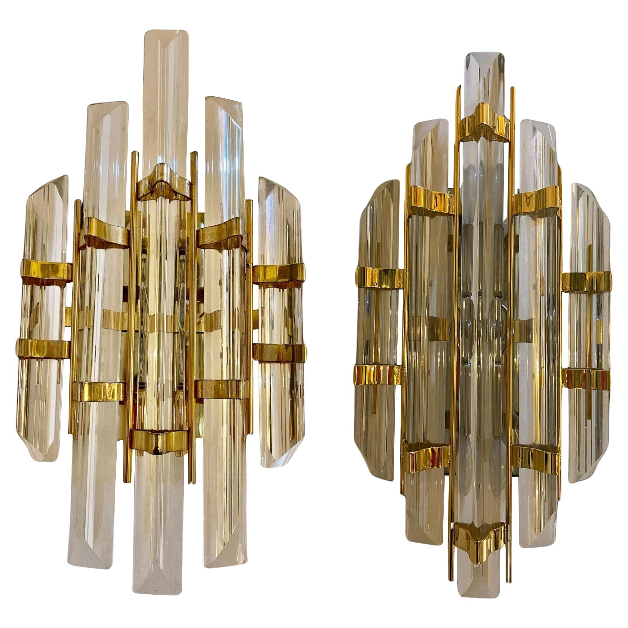 Camer Wall Lighting Pair Glass with Gilt Gold Structure, Italy, 1970 For Sale