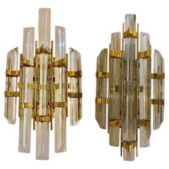 Retro Camer Wall Lighting Pair Glass with Gilt Gold Structure, Italy, 1970