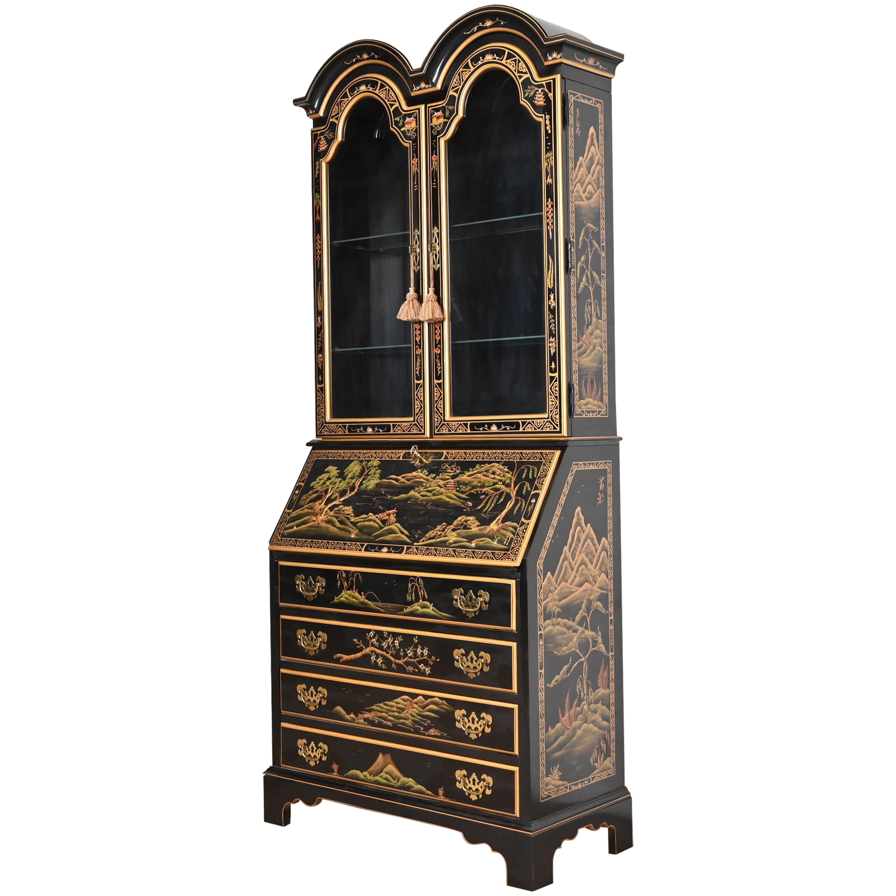 Chinoiserie Black Lacquered Drop Front Secretary Desk With Bookcase Hutch For Sale