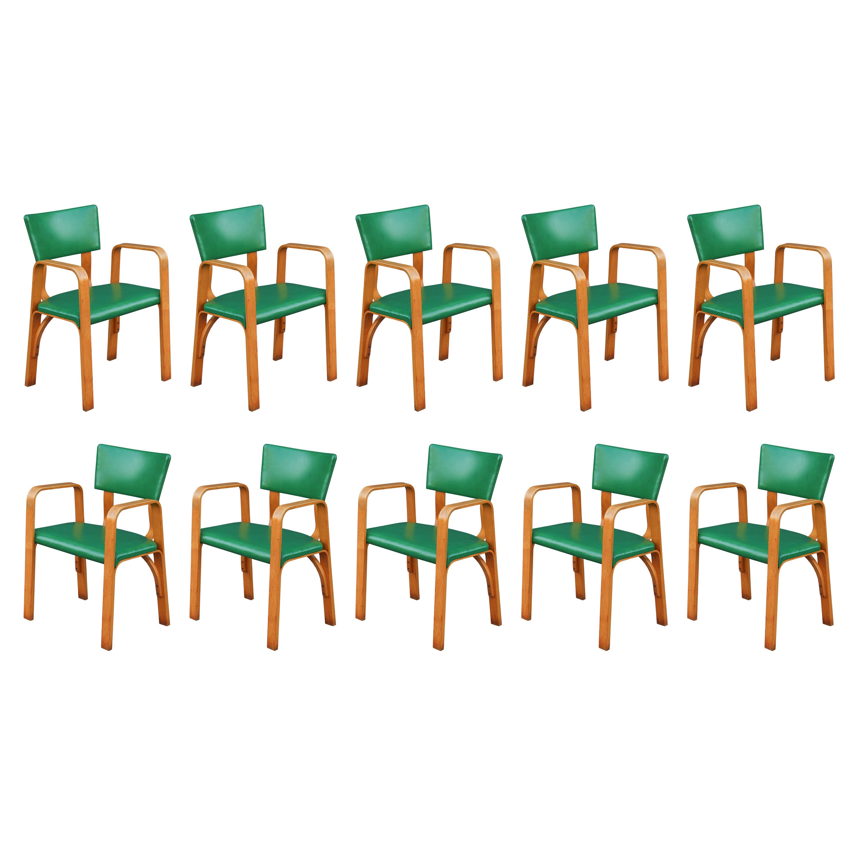 Set of 10 Bent Maple Plywood & Green Armchairs or Dining Chairs by Thonet NYC For Sale