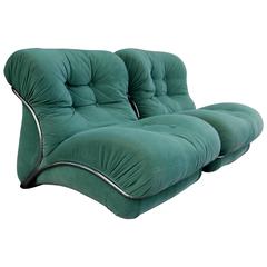 Pair of Green Chrome Overstuffed Chairs after Tobia Scarpa, 1980s