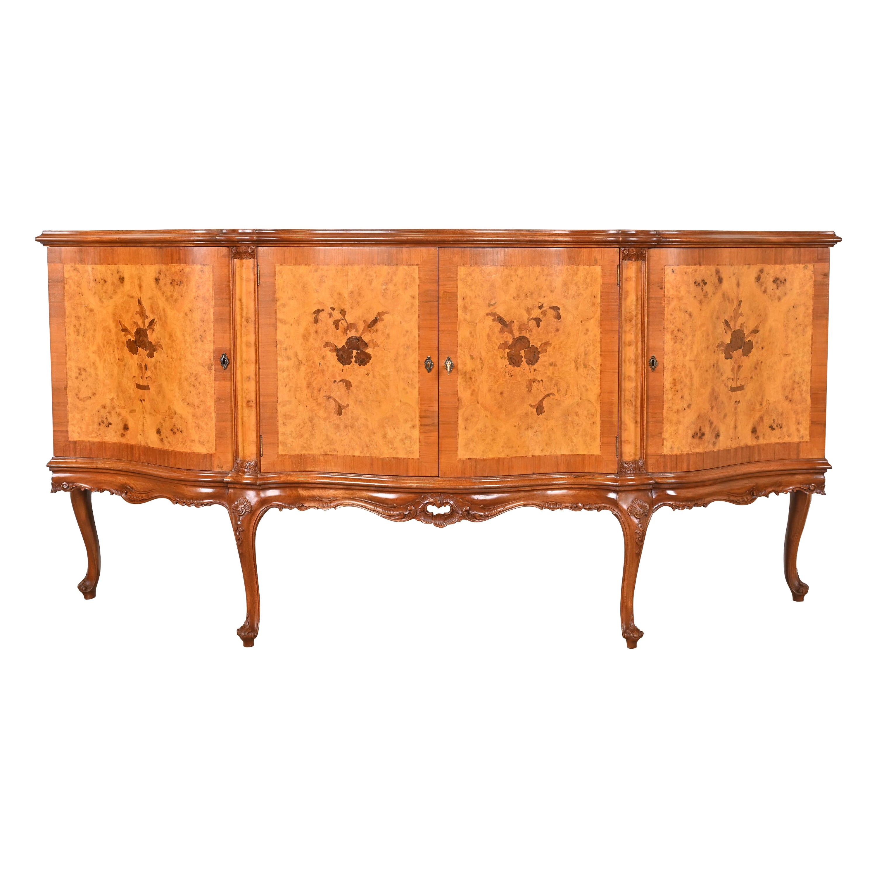Italian Louis XV Burl Wood Sideboard or Bar Cabinet, Circa 1940s For Sale