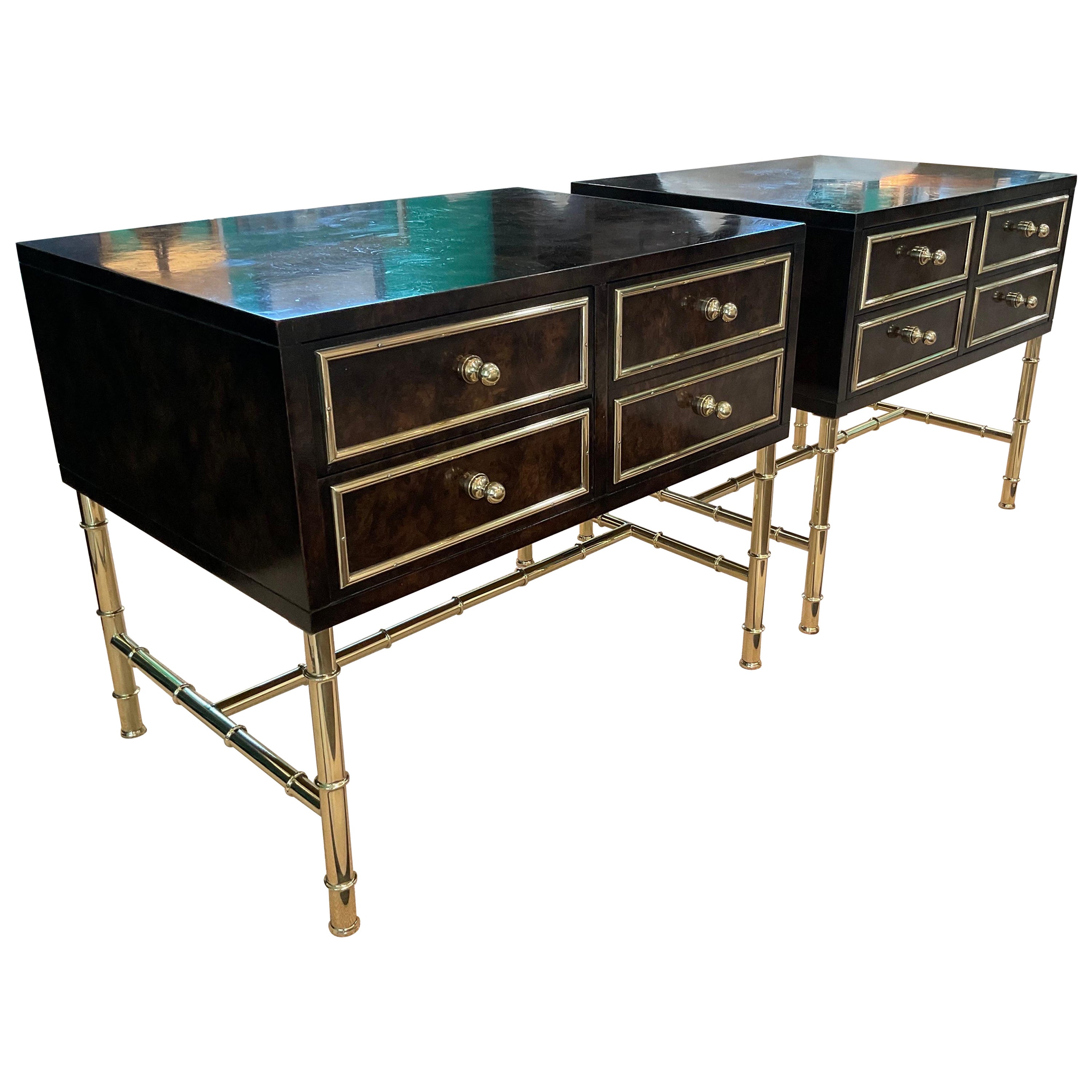 Extraordinary Pair of Mastercraft Side Tables with Faux Bamboo Brass Legs For Sale